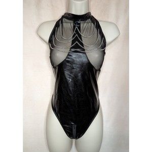 NWOT Black Ladies Fashion Leather Hot Women Clubwear Double Zipper Bodysuit